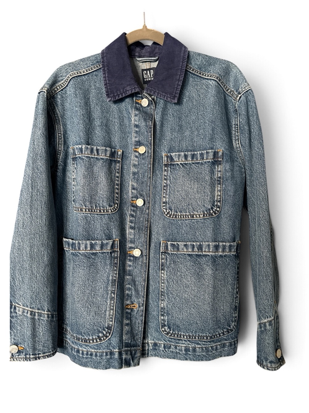 GAP Denim Chore Jacket Corduroy Collar 4-Pocket Medium Wash Size Small